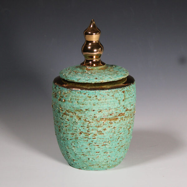 Light Green & Gold Container Wheel-Thrown Rough Stoneware
