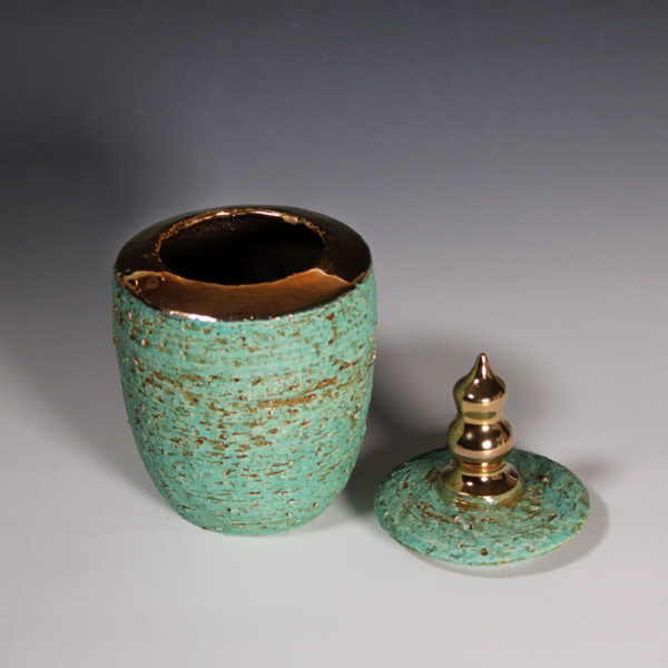 Light Green & Gold Container Wheel-Thrown Rough Stoneware - Image 3