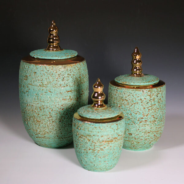 Light Green & Gold Container Wheel-Thrown Rough Stoneware - Image 5