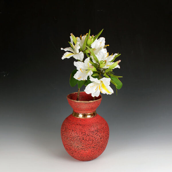 Handmade Rough Stoneware Vase – Vibrant Red with 24 Karat Gold Accent