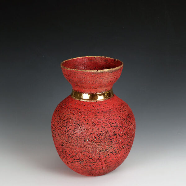 Handmade Rough Stoneware Vase – Vibrant Red with 24 Karat Gold Accent - Image 2